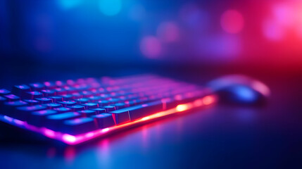 Poster - Futuristic keyboard and mouse setup with vibrant neon lights and blurred background, perfect for gaming or tech themes.