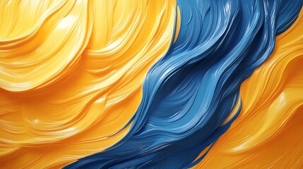 Poster - Abstract background with flowing yellow and blue liquid paint swirls.