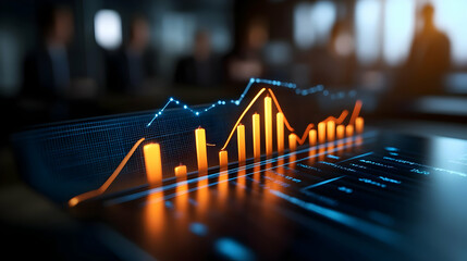 Poster - Digital graph illustrating financial growth on a laptop, with blurred business figures in the background.