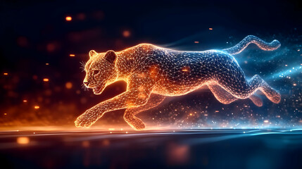 Wall Mural - dynamic glowing representation of a leopard in motion, showcasing vibrant colors and light trails.