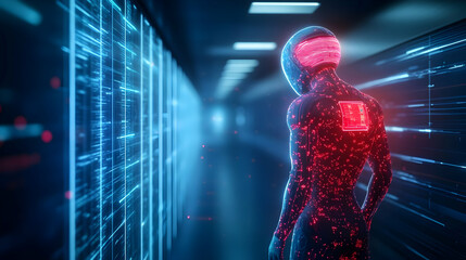 Poster - Futuristic humanoid figure with glowing elements in a digital corridor, representing advanced technology and artificial intelligence.