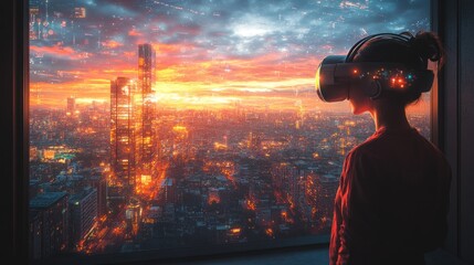 Poster - Person wearing VR headset, gazing at a futuristic cityscape.