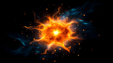 Wall Mural - Vibrant explosion of orange and blue light against a black background, depicting energy and motion.
