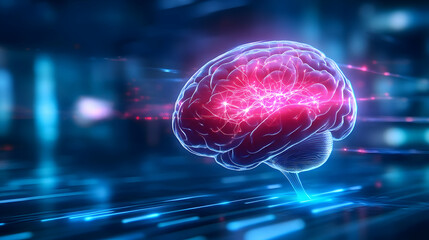Poster - Futuristic representation of a glowing, digital brain with dynamic connections, symbolizing advanced technology and intelligence.