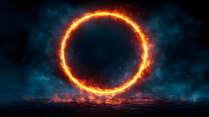 Poster - Glowing fiery circle against a dark, smoky background, ideal for eye-catching designs and effects.
