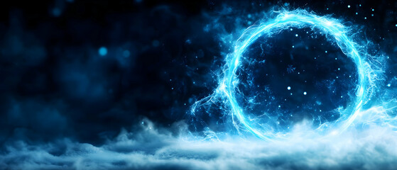 Poster - a glowing blue ring surrounded by mist, creating an ethereal and mystical atmosphere in a dark backd
