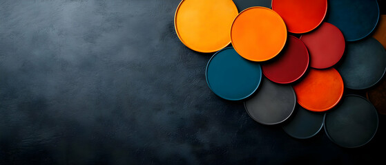 Poster - Colorful circular shapes arranged artistically on a dark background, creating a modern abstract composition.