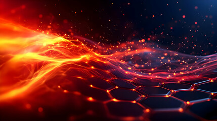 Poster - Abstract futuristic waves in red and orange with a hexagonal pattern background.