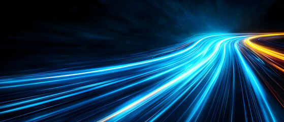 Poster - Dynamic light trails create a vibrant and abstract background with blue and orange streaks against a dark backdrop.