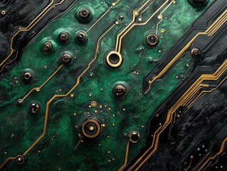 Poster - Close-up abstract image of a circuit board with green and gold colors, showing a futuristic design and high technology.