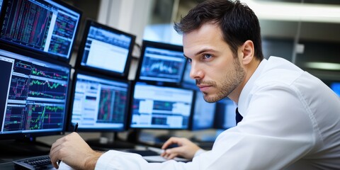 Poster - investment banker analyzing stock trends on multiple screens for strategic market insights