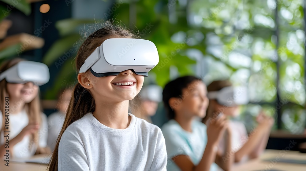 Teacher and students using virtual reality headsets in classroom ...