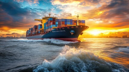 Container Ship Sailing at Sunset Over Ocean Waves