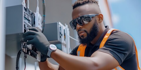 Poster - telecom technician installing network equipment at outdoor site for enhanced connectivity solutions