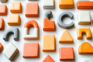Poster - A flat lay of colorful geometric shapes in orange, white, and grey on a white background.