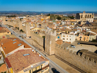 Wall Mural - Aerial view of strict architecture of Spanish medieval city of Montblanc, Tarragona..