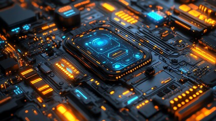 Poster - A close-up of a futuristic circuit board with a glowing blue processor in the center.