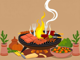 A cartoon of a grill with a variety of meats and vegetables on it. Scene is casual and inviting, as it is a gathering of friends or family enjoying a barbecue