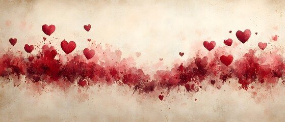 Poster - Soft dreamy watercolor Valentine s Day wallpaper design featuring a scattered pattern of romantic pink and red heart brushstrokes across a creamy textured background for a mellow elegant