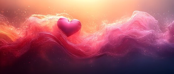 Aufkleber - Captivating abstract Valentine s Day wallpaper design featuring flowing red and pink waves soft glowing hearts and luminous particles creating a dreamy romantic atmosphere