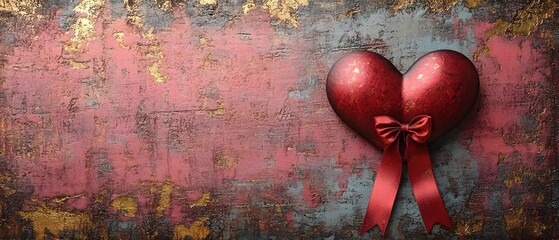 Poster - Elegant and luxurious classic Valentine s card design featuring a bright red ribbon tied in a beautiful bow with a heart shaped tag set against a textured pink background with shimmering gold accents