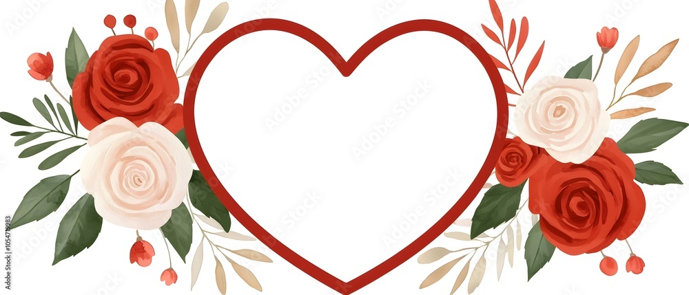 Elegant heart shaped watercolor wreath with soft delicate roses and ...