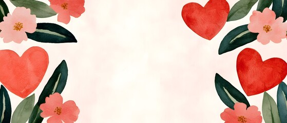Poster - Delicate and serene watercolor painting featuring hearts and floral accents in warm blush tones creating a dreamy and romantic Valentine s theme with soft elegant textures and a soothing