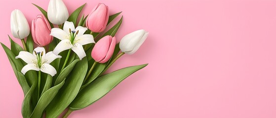 Poster - Beautifully Rendered Watercolor Bouquet of Soft Pink Tulips and Delicate White Lilies with Green Leaves Against a Pale Pink Background Perfect for Valentine s Day Cards and Romantic Decor