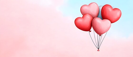Poster - Whimsical watercolor of intertwined heart shaped balloons floating in a soft pastel sky of pinks and blues creating a lighthearted and romantic Valentine s Day theme