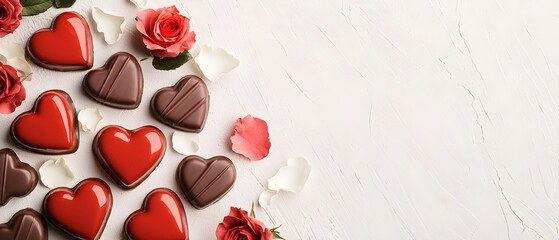 Poster - Beautifully arranged assortment of red heart shaped chocolates with watercolor splashes of romantic roses and delicate white petals creating a dreamy and alluring Valentine s Day setup