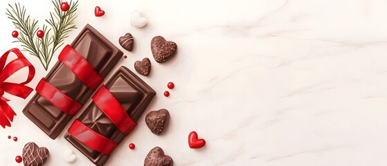 Poster - Romantic watercolor painting featuring rich chocolates wrapped in lush red ribbons accented with delicate white and red floral elements creating an elegant and cozy Valentine s Day setting