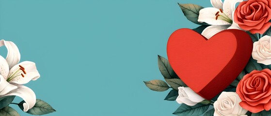 Poster - Delicate heart shaped chocolate box with watercolor painted roses and white lilies on a soft pastel background creating a romantic and sweet design perfect for a Valentine s Day greeting card or gift