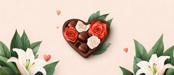 Poster - Heart shaped chocolate box with a beautiful watercolor arrangement of pink roses and white lilies on a soft pastel colored background