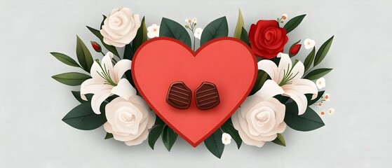 Poster - Romantic heart shaped chocolate box with a gentle watercolor painting of soft pink roses and white lilies on a delicate pastel background