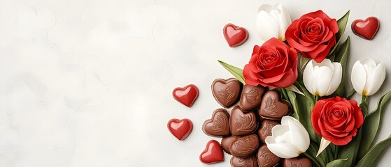 Poster - Whimsical watercolor painting featuring a romantic arrangement of red roses white tulips and a pile of chocolate hearts in a soft dreamlike setting perfect for Valentine s Day cards gifts