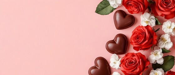 Aufkleber - Beautifully arranged watercolor of chocolate hearts red roses and delicate white blossoms on a soft blush pink background for a romantic Valentine s Day theme