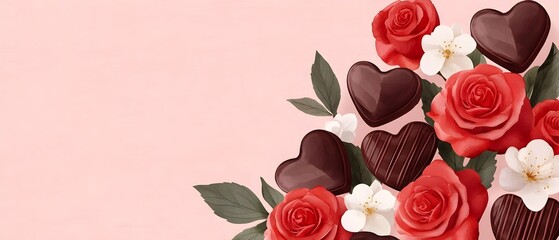 Poster - Elegant watercolor composition with chocolate hearts red roses and white blossoms arranged beautifully on a soft blush pink background  A romantic sentimental and delicate Valentine s Day theme
