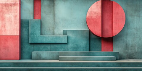 Poster - Abstract geometric shapes of red and blue on a textured concrete wall.