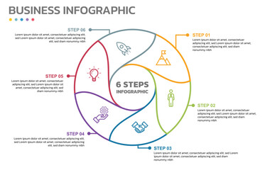 Visual data presentation. Cycle diagram with 6 options. Pie Chart Circle thin line infographic template with 6 steps, options, parts, segments. Business concept. Editable pie chart with sectors.