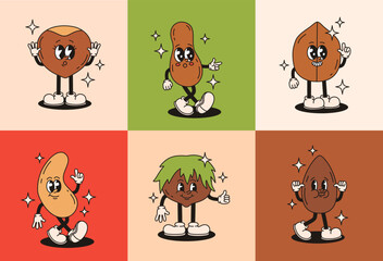 Wall Mural - Set of groovy nuts characters. Peanuts, hazelnuts, cashews, almonds, walnuts. Flat vector illustration.