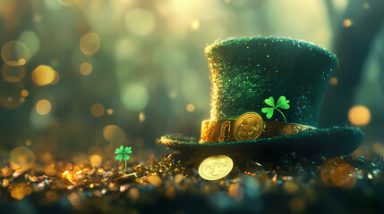 A leprechaun hat with gold coin and shamrock, an idea for a saint patrick's day celebration background wallpaper. Leprechaun Treasure. Illustration