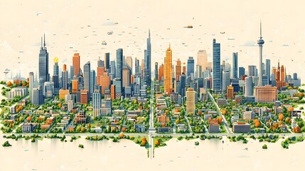 Aufkleber - Illustrative city map showcasing key urban planning elements like green spaces public transportation and infrastructure for World Urbanism Day and awareness