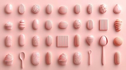 Pink 3D rendered geometric shapes and objects on pink background.