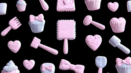 Pink and white 3D objects, like cupcakes, brushes and hearts on a black background.