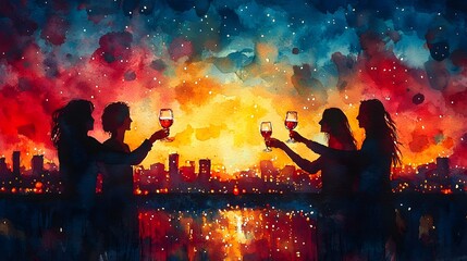 Joyful watercolor depicting a group of single friends toasting and celebrating together in a lively urban cafe setting with twinkling nightlife  The vibrant