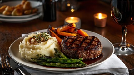 Photorealistic image of a delicious steak dinner featuring perfectly cooked meat, creamy