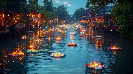 Poster - Vibrant river filled with colorful krathongs and floating candles during the Loy Krathong Festival in Thailand
