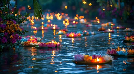 Poster - Vibrant Krathongs and Flickering Candles Adrift on a River During the Loy Krathong Festival in Thailand with Mesmerizing Reflections of the Lights on the Calm Water Surface