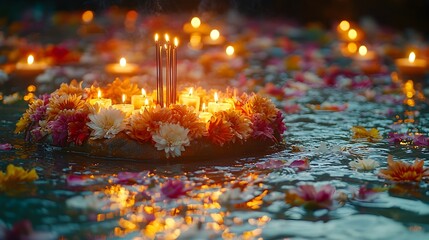Aufkleber - Beautifully Decorated Krathong Floating on Water Adorned with Flowers Candles and Incense Sticks Symbolizing Blessings and Traditions during Loy Krathong Festival in Thailand