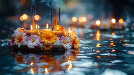 Aufkleber - Close up of a beautifully decorated krathong with flowers candles and incense sticks glowing on the tranquil surface of the water